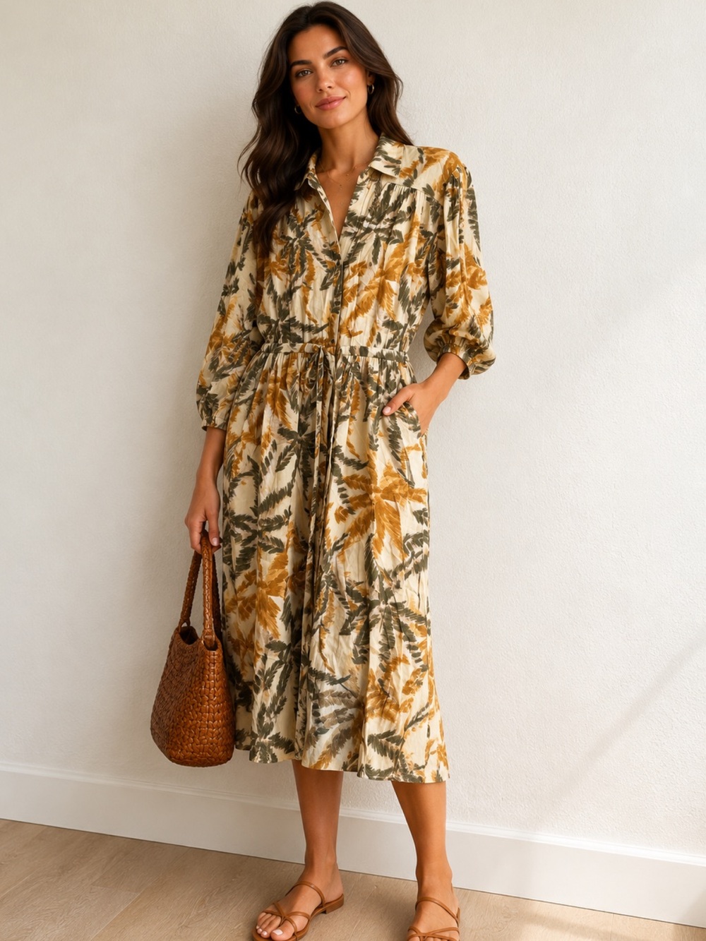 See you soon Leaf-Print Midi Dress in Cream and Mustard  long sleeve, pockets